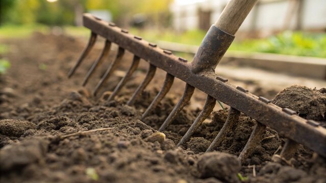 Rusty iron rake teeth dug into rich brown earth with textured dirt clumps and shallow grooves from raking