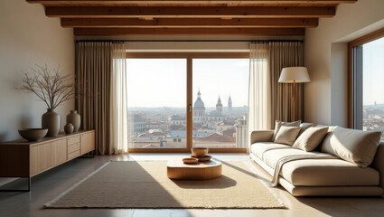 Fototapeta premium A charming rustic japandi small apartment interior featuring natural materials and warm tones creating a cozy and inviting living space