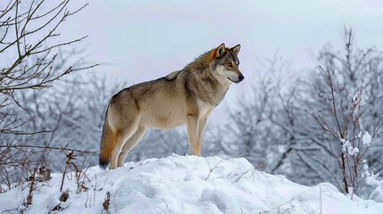 Obraz premium A lone wolf stands proudly on a snowy hill, surveying the frozen winter landscape.