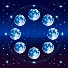 Obraz premium the phases of the moon arranged in a circular pattern against a dark blue, starry night sky.
