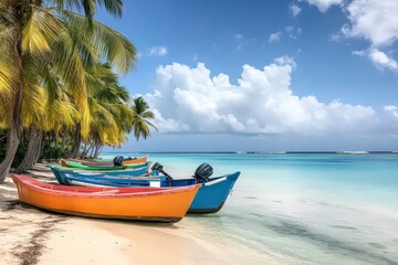 Obraz premium Colorful fishing boats lined up on tropical beach with palm trees