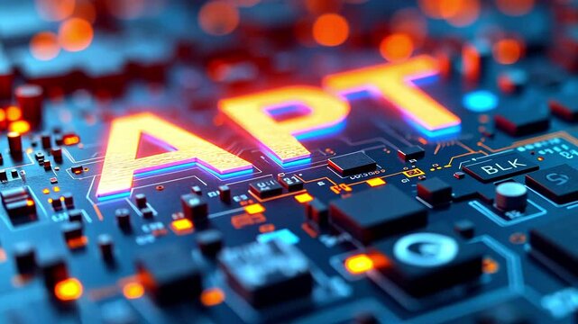 Close-up of a vibrant microchip with glowing letters APT, showcasing intricate circuitry and technology