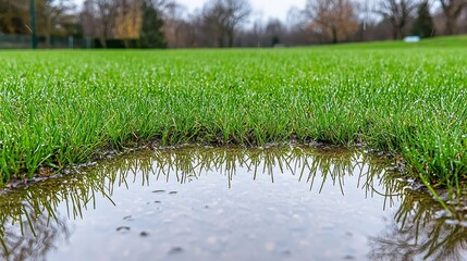 Reflective Puddle on Lush Green Grass Field