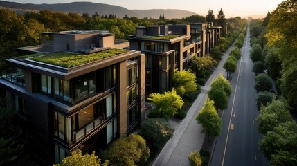 Fototapeta premium Serene sustainable architecture with green rooftop gardens along tree-lined avenue