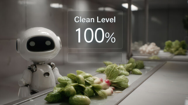 Advanced robot standing next to a pile of fresh vegetables displaying clean level 100 on an augmented reality screen