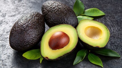 Fresh Avocados with Leaves on Dark Stone Background for Culinary Use