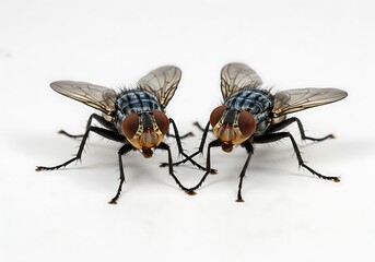 Close up of two houseflies facing each other with their legs intertwined on a white background studio shot
