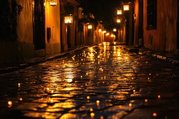 Rain soaked lantern lit street with shining cobblestones at night