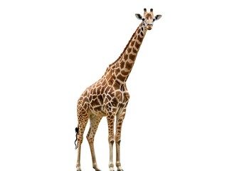 Fototapeta premium A full body shot of a giraffe standing tall with its long neck against a white background in a studio