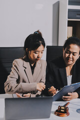 Concept of legal counseling. The lawyer or legal counsel is listening and providing advice to business people.