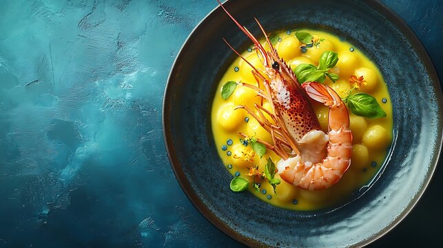 Gourmet dish prawn and potato gnocchi in golden sauce on plate with textured blue background, for restaurant menu