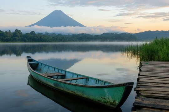 empty canoe tied to dock with volcano reflection at dawn