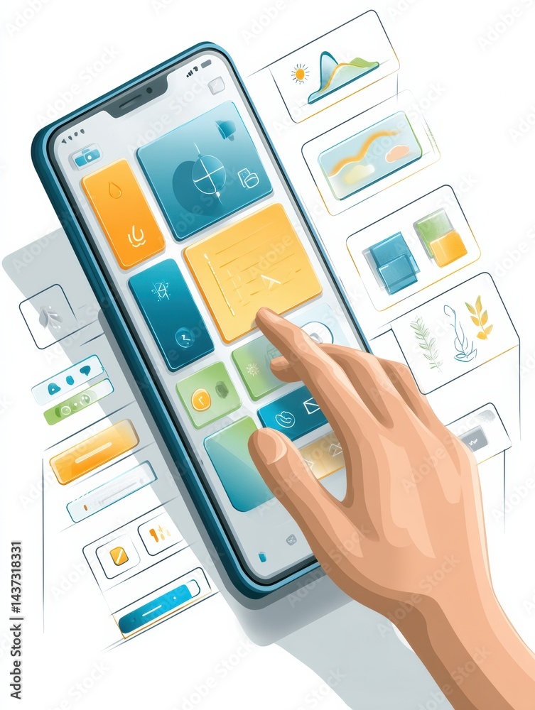 Poster User Interacts With a Stylized Smartphone App Interface While Exploring Various Interactive Features and Options