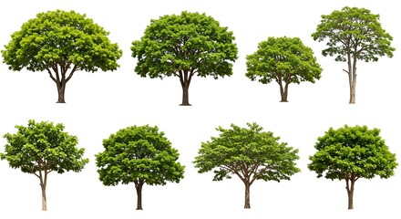Isolated collection of diverse tree species with lush green foliage against a white background studio shot