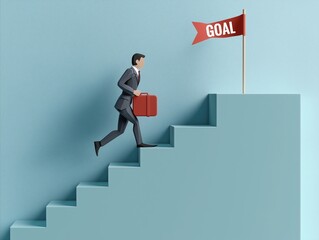 Concept image of office worker in suit holding a suitcase running up vertical steps reaching for career goals