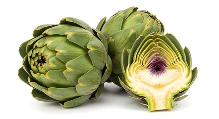 Obraz premium Artichokes displayed on a white surface with one cut in half showing the inside of the vegetable