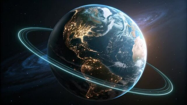 3D hologram of planet spinning in space with glowing rings and cosmic background