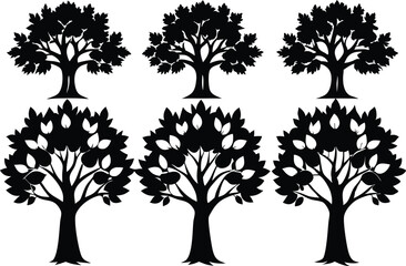 Beautiful Sycamore Trees Isolated Silhouette Vector Art Elegant Forest Landscape Design Elements