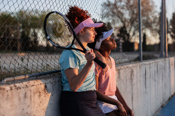 Two female tennis players relaxing after training at sunset