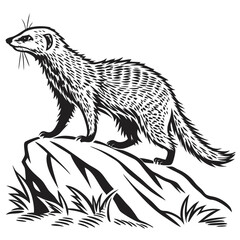 Mongoose Isolated on Rocks, Black and White Line Art. Striking Wildlife