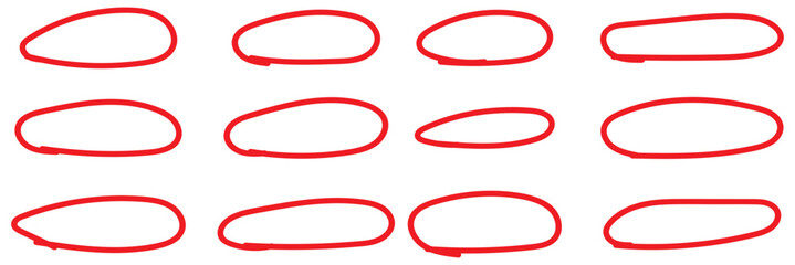 Set of hand drawn red marker round frames on white background. Hand drawn marker stroke style doodle red circle frame,  brushstroke oval shape for highlighting, underlining, Red marker circle eps 10