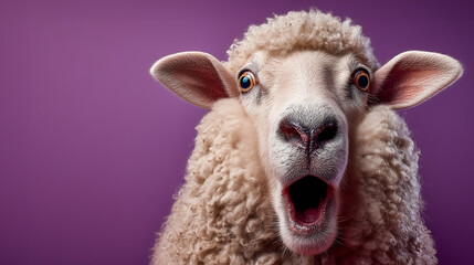 Surprised Sheep Expressing Shock Against Vibrant Purple Background