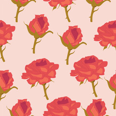 Vector seamless pattern with red roses on a pink background.