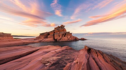 Fototapeta premium Dramatic seaside rock formation at sunset with colorful pastel sky