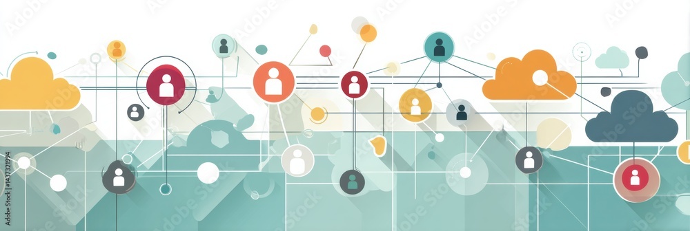 Poster Web of Connected Users and Cloud Icons Illustrating Digital Interaction and Connectivity in Modern Technology