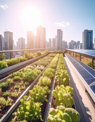 Fototapeta premium Urban rooftop garden with rows of vegetable beds and solar lights
