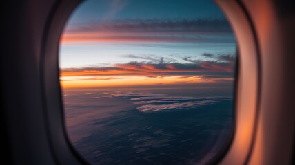 Vivid sunset seen from airplane window with faint reflection of woman