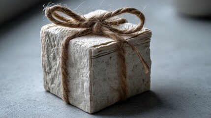 Compressed recycled paper cube tied with twine on smooth grey surface