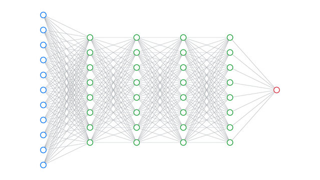 Diagram of an artificial intelligence neural network architecture, showcasing interconnected nodes and layers — ideal for illustrating AI principles and machine learning concepts.