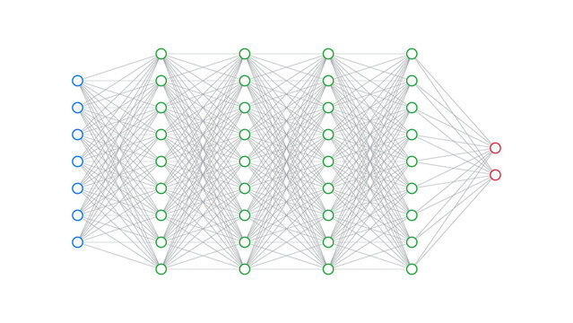 Diagram of an artificial intelligence neural network architecture, showcasing interconnected nodes and layers — ideal for illustrating AI principles and machine learning concepts.