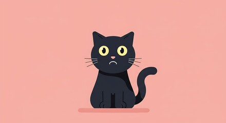 Cartoon Black Cat Sitting with Worried Expression on Light Pink Background