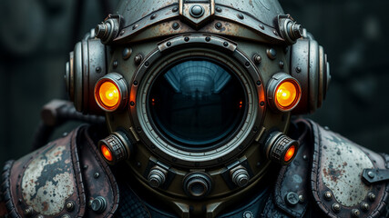 Detailed Close-up of a Steampunk Diving Suit Helmet