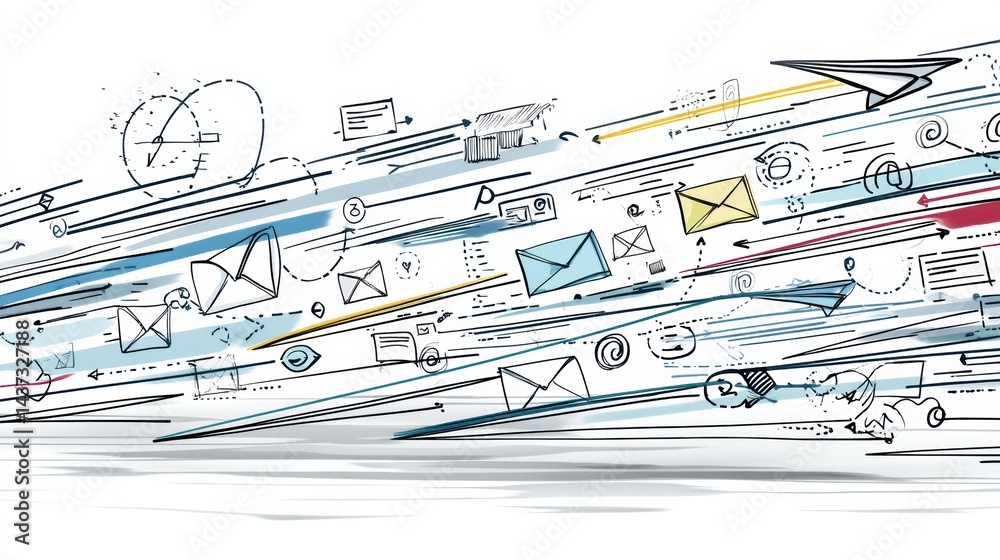 Aufkleber Stylized Email Icons and Communication Lines Create Dynamic Flow in a Digital Concept of Connectivity and Correspondence