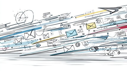Stylized Email Icons and Communication Lines Create Dynamic Flow in a Digital Concept of Connectivity and Correspondence