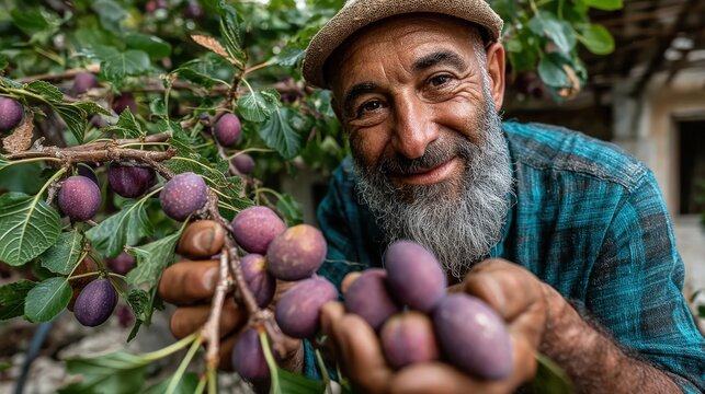 Turkish farmer joyfully harvests deep purple Karadut fruits on a sunny day