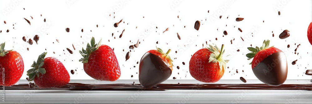 Poster chocolate coated strawberries floating in mid-air with a high-key background showcasing a delightful
