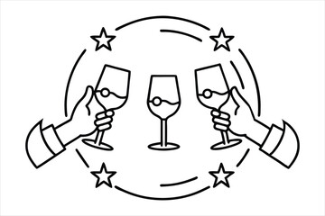Minimal vector of three hands from different angles holding wine glasses in a festive circle