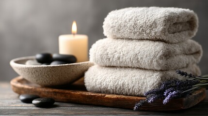Obraz na płótnie Canvas Folded spa towels stacked beside a burning candle, lavender flowers, and smooth stones, perfect for towel's day and relaxing atmospheres