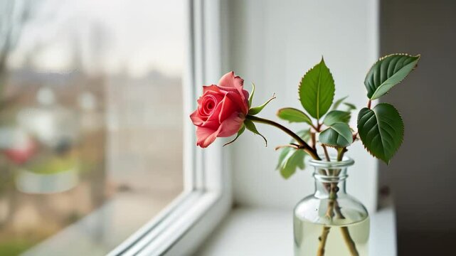 Pink rose in a vase against a bright window background  