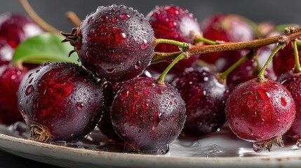 Whole schisandra berries shine on a white ceramic plate with a clean edge