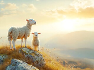 Fototapeta premium Two sheep on hilltop looking over scenic landscape in sunset. Agriculture and Easter uses