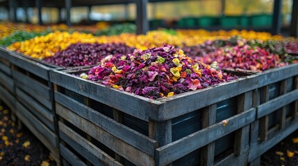 Vibrant display of dried flower petals in wooden crates at a bustling outdoor market