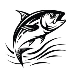 Black & White Monochrome Fish Jumping Silhouette Style, Underwater, Clean,