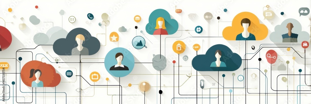 Aufkleber connected users sharing information through cloud icons in a modern digital landscape