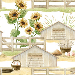 Farm seamless pattern with chicken coop, eggs, wheat harvest in wicker basket and millet bird food. Fall village watercolor repeat background with sunflowers for poultry yard designs © Elena Malgina
