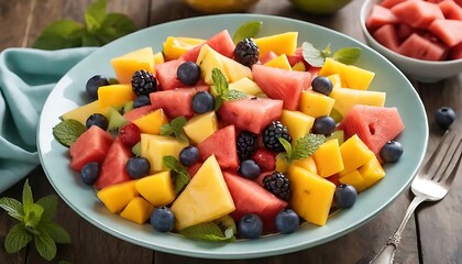 A vibrant fruit salad on a light blue plate with watermelon mango blackberries and blueberries